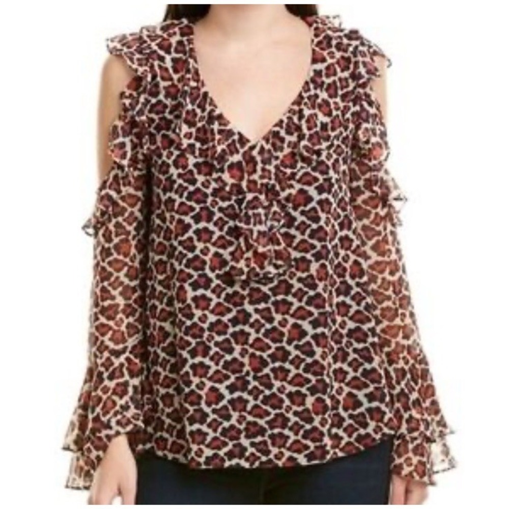 NEW Diane Von Furstenberg Essie Blouse L Taren Small Brick Cold Shoulder Leopard